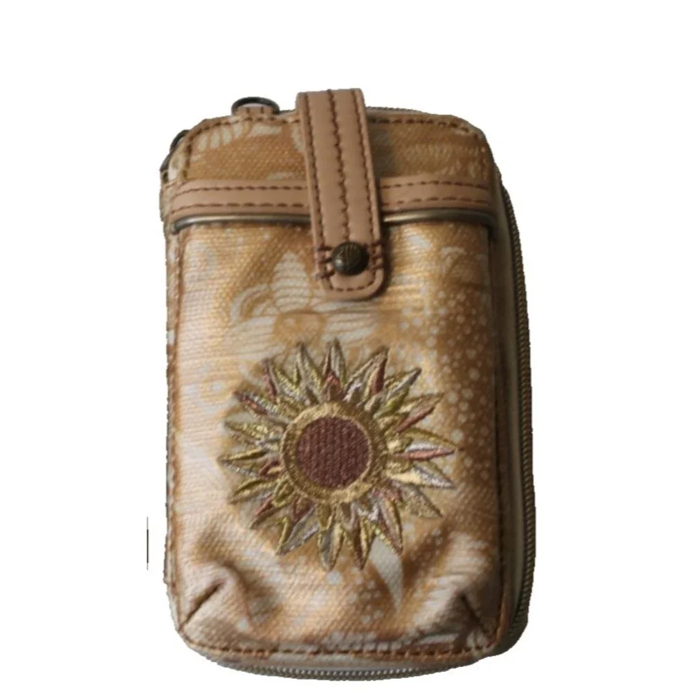 Sakroots Wallet/wristlet/cell phone purse w/Crossbody Strap Gold Celestial Sun